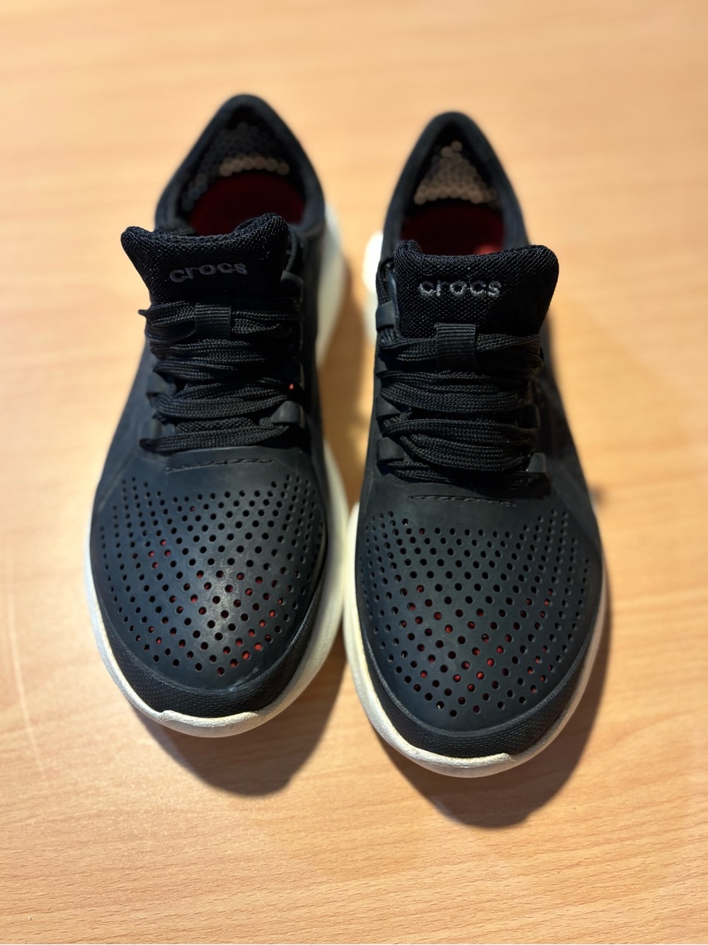 CROCS Black Perforated Lace-Up Sneakers with White Sole